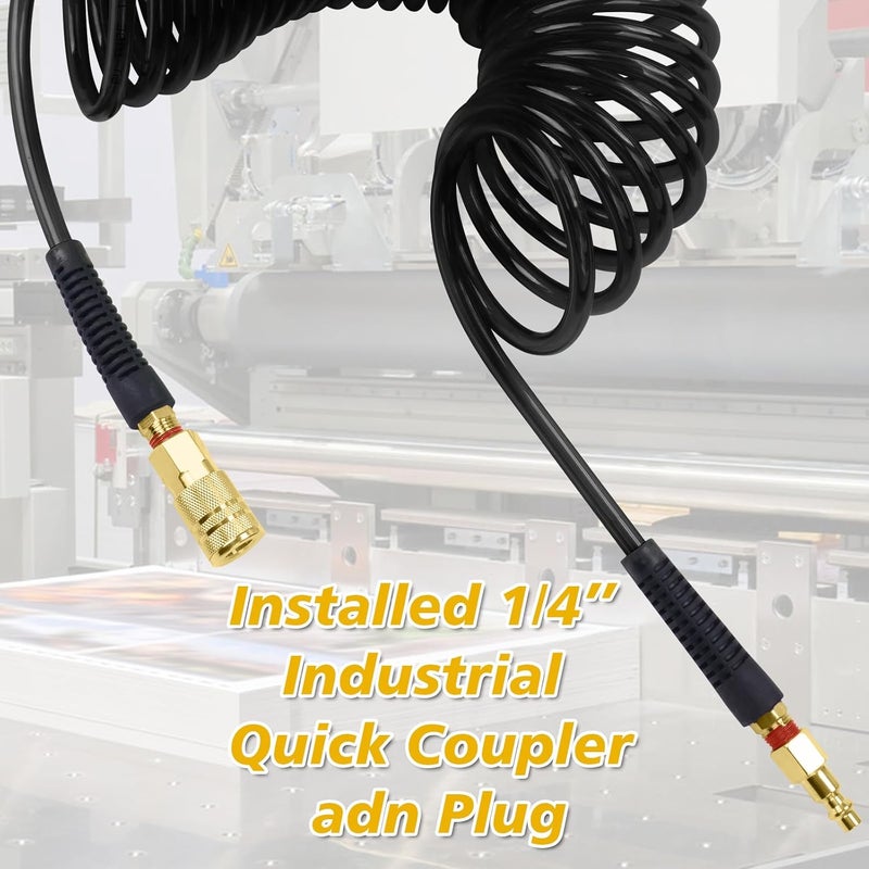 BOTSROOM Air Compressor Hose 1/4 in x 25 ft PU Air Hose Kit with 1/4" Industrial Air Fittings and Bend Restrictors, Working Pressure of 300 PSI, Black - Image 5